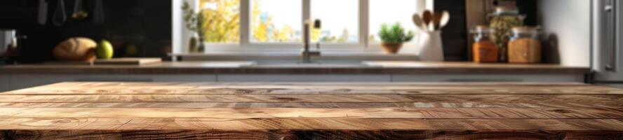 Rustic Wooden Tabletop with Blurred Kitchen Backdrop photo