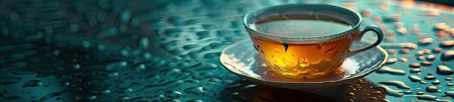 Steaming Tea Cup on Moist Surface photo