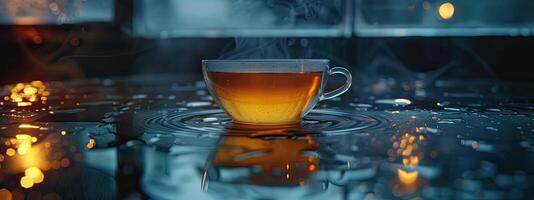 Steaming Tea Cup on Moist Surface photo