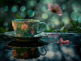 Steaming Tea Cup on Moist Surface photo