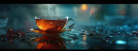 Steaming Tea Cup on Moist Surface photo