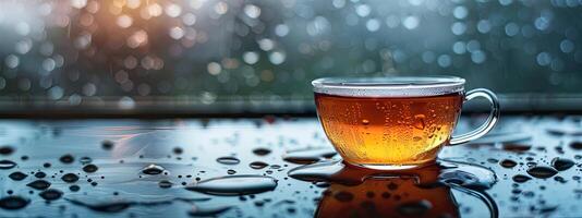 Steaming Tea Cup on Moist Surface photo