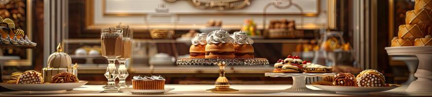 lujo panadería en elegante comida mesa foto