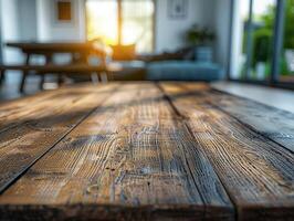 Empty Wooden Table in Living Room Close-Up mockup photo