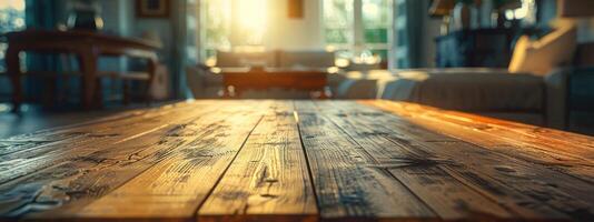 Empty Wooden Table in Living Room Close-Up mockup photo