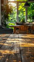 Empty Wooden Table in Living Room Close-Up mockup photo