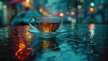 Coffee in Glass Cup on Wet Surface photo