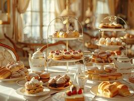 lujo panadería en elegante comida mesa foto