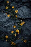 abundancia de pequeño amarillo flores en oscuro Roca antecedentes foto