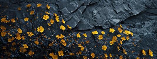 Abundance of Small Yellow Flowers on Dark Stone Background photo