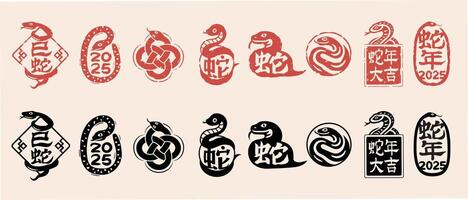 2025 snake zodiac year seal stamp,traditional style seal stamp of Chinese character with snake illustration for New Year vector