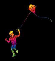 Abstract A Boy Running Fly a Kite Child Playing vector