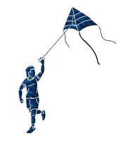 Silhouette A Boy Running Fly a Kite Child Playing Cartoon Graphic vector