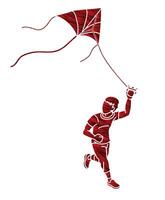 A Boy Running Fly a Kite Child Playing Cartoon Graphic vector