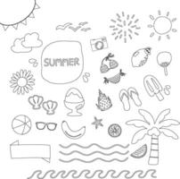 hand drawn illustration of a set monochrome line of Summer holiday sticker pack design elements. Cute elements doodle collection in flat style. For poster, card, scrapbooking, invitation, graphic vector