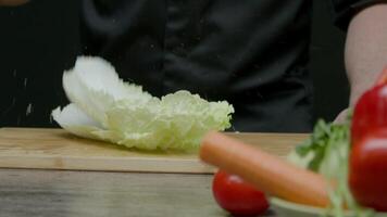 chino repollo hoja suavemente caídas sobre un el cortar junta, creando un chapoteo de agua entre el otro vegetales. cerca arriba. lento movimiento. video