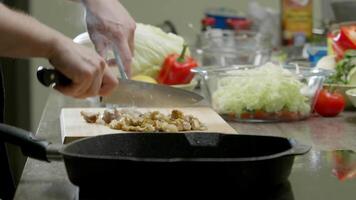 processi di taglio carne con un' grande cucina coltello su un' taglio tavola. succoso pollo carne è tagliare in pezzi e in umido. dello chef mano nel avvicinamento, lento movimento. 4k video