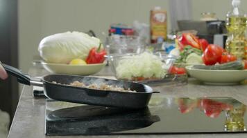 Slowly, the cook roasts the chicken meat and tosses it into a frying pan. Close up. Slow motion. video