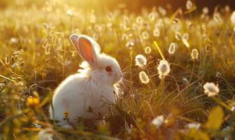 un mullido blanco conejito en un iluminado por el sol prado foto