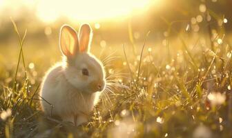 A fluffy white bunny in a sunlit meadow photo