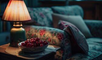 Rip cherries in the bowl, room interior in warm lighting photo