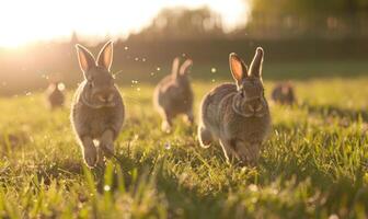 A group of bunnies hopping through a field photo