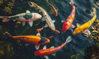 un grupo de vistoso koi pescado nadando en un tranquilo estanque foto