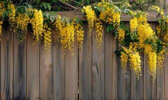 Laburnum branches cascading over a wooden fence photo