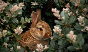 A fluffy brown bunny peeking out from behind a bush photo