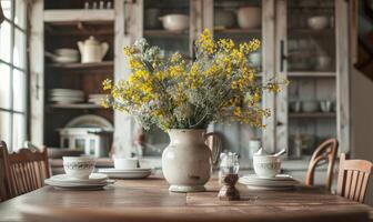 A dreamy bedroom setting with a vase of Mimosa flowers placed on a bedside table photo