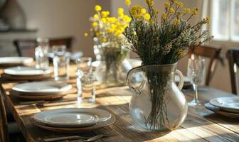 A dreamy bedroom setting with a vase of Mimosa flowers placed on a bedside table photo