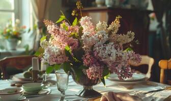 A floral arrangement featuring lilacs and laburnums on a dining table photo