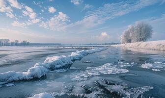 The lake frozen over in the depths of winter photo