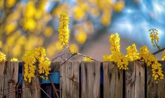 Laburnum branches cascading over a wooden fence photo