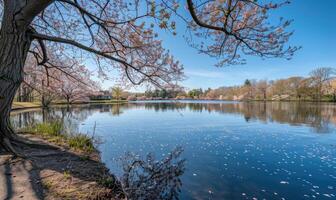 The lake in full bloom during the springtime, cherry tries blossoms near the lake in clear sunny day photo