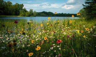 Springtime at the lake with blooming wildflowers and vibrant greenery photo