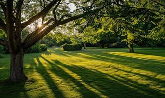 Laburnum tree branches casting shadows on a lush green lawn photo