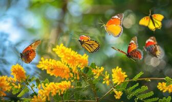 un grupo de mariposas revoloteando alrededor un racimo de mimosa flores foto