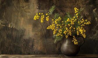 A close-up shot of Mimosa branches arranged in a vintage pitcher photo