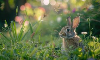 A curious bunny in the summer forest photo