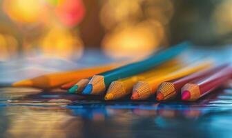 A distant view of colored pencils scattered on a tabletop photo