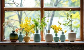 A group of vases with wildflowers displayed on a windowsill photo