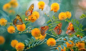 A group of butterflies fluttering around a cluster of Mimosa flowers photo