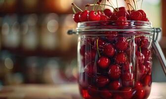 Ripe cherries showcased in a glass jar filled with clear syrup photo