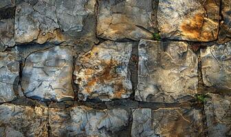 A rustic image featuring a flat background made of weathered stone pavers photo