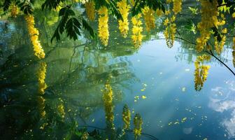 Laburnum flowers reflected in a tranquil pond photo