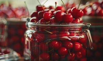 Ripe cherries showcased in a glass jar filled with clear syrup photo