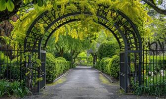 Laburnum tree branches forming an archway over a garden gate photo