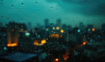 Raindrops streaking down a windowpane with a blurred cityscape in the background photo