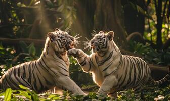 un par de blanco tigres en broma retozando en un iluminado por el sol claro foto